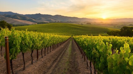Naklejka premium Scenic Vineyard Landscape at Sunset Capturing Nature's Serenity and Beauty