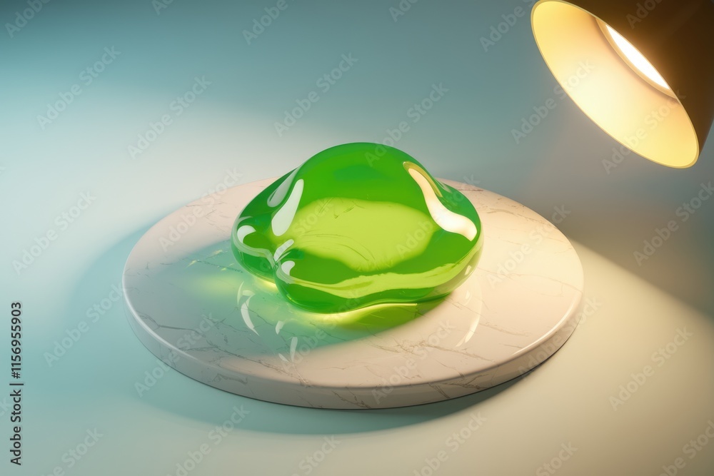 Poster a vibrant green, amorphous blob of translucent jelly rests on a pristine white marble platform, illu