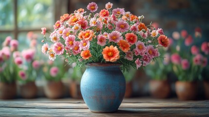 Pink and orange cosmos bouquet in blue vase.
