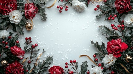 Festive Frame with Christmas Decorations Featuring Red Roses, White Flowers, Holly, Berries, and Snow for a Dark Fantasy Theme"