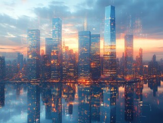 Fototapeta premium City skyline reflected in water at sunset.