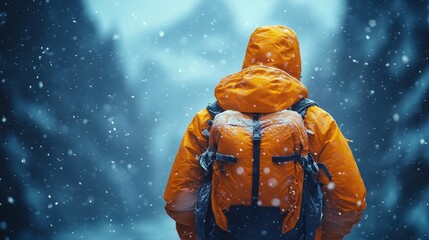 Person in orange jacket with backpack hiking in snowy forest.