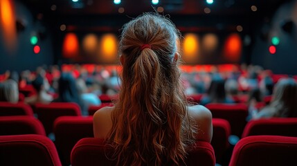 A woman with long hair sits in a theater, watching a performance with an audience around her.