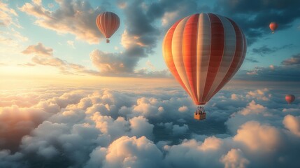 Naklejka premium Hot air balloons soar above sunset clouds.