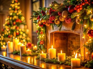 Luxurious Fireplace Decor: Garlands, Candles & Festive Cheer - Stock Photo