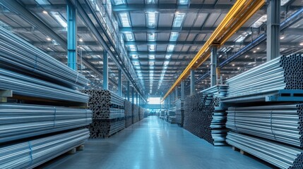 Fototapeta premium Modern Warehouse with Metal Bars Stacked in Industrial Setting