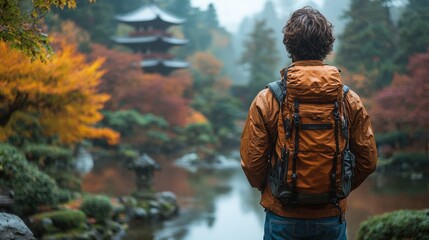 Man with backpack admiring autumnal Japanese garden and pagoda.