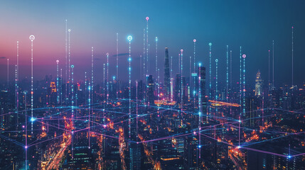 Smart digital Innovation city with connection network reciprocity over the cityscape. of future smart wireless digital city and social media networking systems that connects people with in city