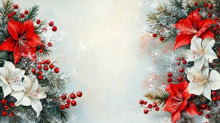 Festive Impressionistic Artwork Featuring Floral Arrangements of Red and White Flowers, Berries, and Pine Foliage with a Soft Background for Holiday Celebrations