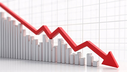 Obraz premium A financial chart with bars that travel from high to low and a large red arrow pointing downwards indicates a fast decrease in value. 