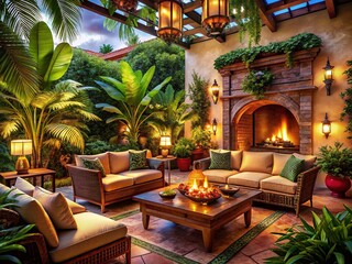 Luxurious Tropical Resort Lounge with Fireplace: Spanish Style Relaxation