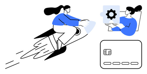 Woman riding rocket signifying rapid progress. Woman holding gear puzzle piece and large credit card representing technology, finance, and innovation. Ideal for business, technology, finance