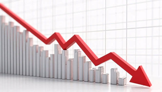 A financial chart with bars that travel from high to low and a large red arrow pointing downwards indicates a fast decrease in value. 
