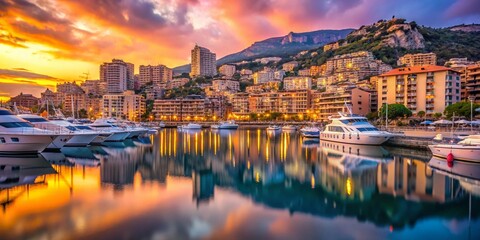 Obraz premium Luxurious Yachts & Monte Carlo Harbor at Dawn: Breathtaking Monaco Port View
