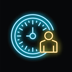 Neon style icon of a businessman standing next to a clock, representing time management in the corporate world