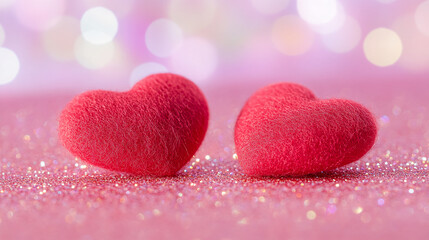 Fototapeta premium Two red velvet hearts on sparkling pink glitter background for Valentine's Day designs