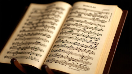 classical score elegantly displayed on a wooden stand with a violin beside it, embodying timeless beauty and complex orchestral artistry.