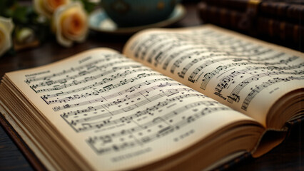 classical score elegantly displayed on a wooden stand with a violin beside it, embodying timeless beauty and complex orchestral artistry.