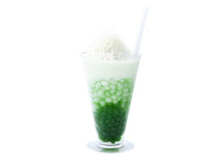 Cendol, shaved ice dessert with pandan jelly noodles, coconut milk and palm sugar syrup, served in tall glass, garnished with