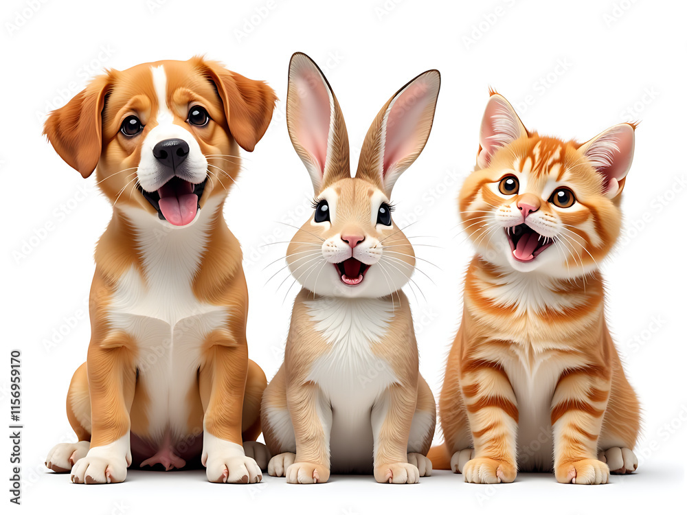 Poster three surprised animals including a dog, rabbit, and cat are isolated on a white background with tra