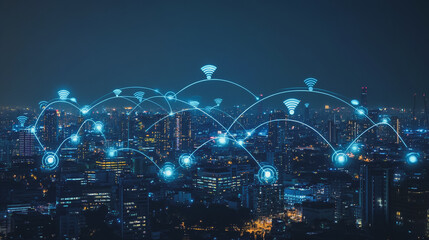 Fototapeta premium Smart digital Innovation city with connection network reciprocity over the cityscape. of future smart wireless digital city and social media networking systems that connects people with in city