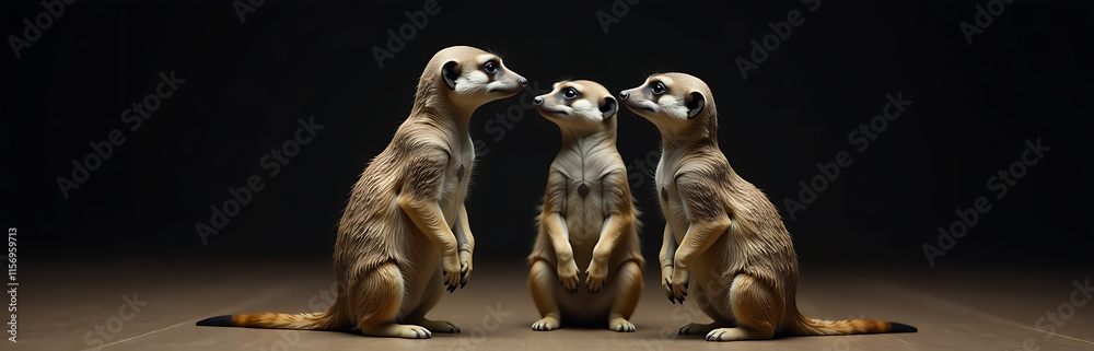 Poster Three Meerkats Stand And Gaze At One Another In Front Of A Dark Background With Ample Empty Space Nearby. 00002
