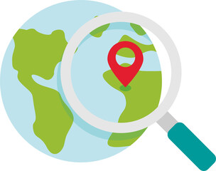 Stylized representation of Earth with a magnifying glass focusing on a red map pin marking a location. Features green landmasses, blue oceans, and a gray handle on the magnifying glass.