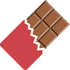 Partially unwrapped chocolate bar with a red wrapper torn open at the top, revealing segmented rectangular pieces of dark chocolate.