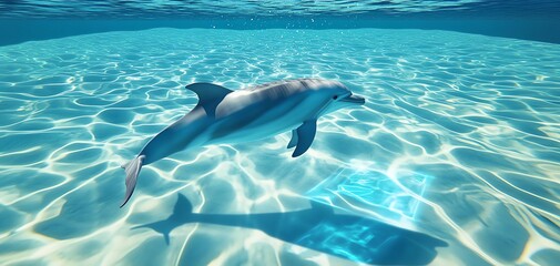 Fototapeta premium A graceful dolphin swims in crystal-clear ocean water, sunlight shimmering on the sandy bottom. Peaceful underwater scene.