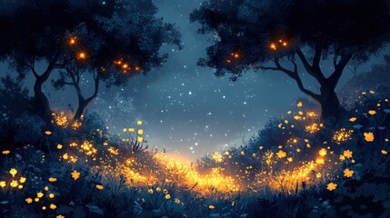 Glowing flowers, dark trees, night sky.