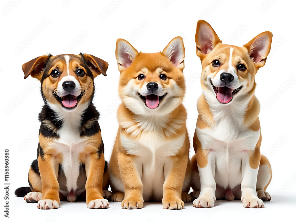 Poster three funny dogs and a cat are isolated on white with a transparent png background for easy image ed