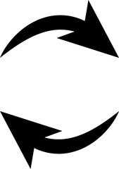 Circular design featuring two black curved arrows pointing in opposite directions, forming a continuous loop. A representation of recycling, continuity, or cyclical movement.
