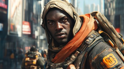 Futuristic Urban Soldier in Dynamic Cityscape Environment