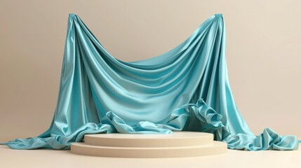 Elegant 3D display podium with aquamarine blue drapes for cosmetic product presentation in a luxurious setting
