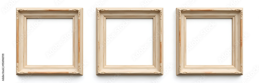 Poster three empty, weathered picture frames sit isolated on a plain white background, awaiting new content