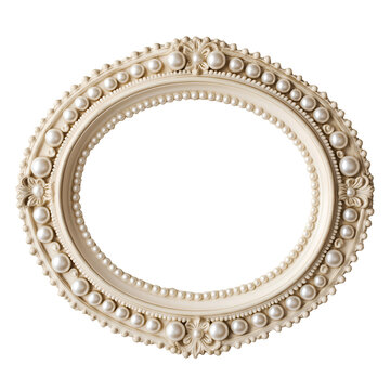 Elegant oval frame with pearl embellishments, Isolated on transparent background cut out