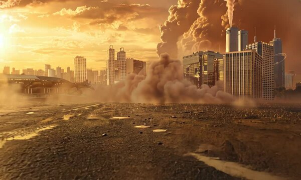 Post-apocalyptic cityscape at sunset with destroyed buildings and smoke rising