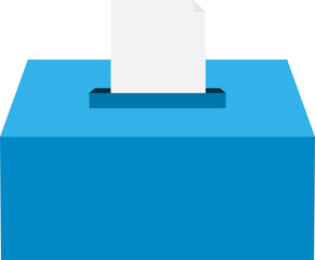 Illustration of a blue ballot box with a white paper being inserted through a slot on top. The design symbolizes voting, decision-making, or participation in democratic processes, and features a clean