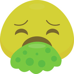 Yellow emoji face with closed eyes and raised eyebrows, appearing to be vomiting green liquid with bubbles. A creative representation of nausea or disgust in a simplified cartoon style.