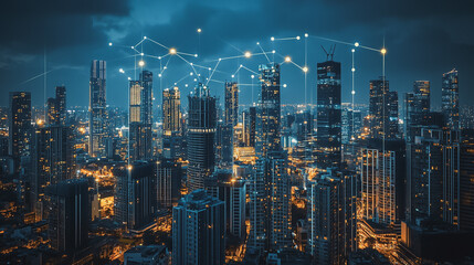 Obraz premium Smart digital Innovation city with connection network reciprocity over the cityscape. of future smart wireless digital city and social media networking systems that connects people with in city