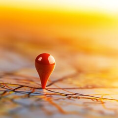 Red location marker on a vibrant map with a warm sunset background.