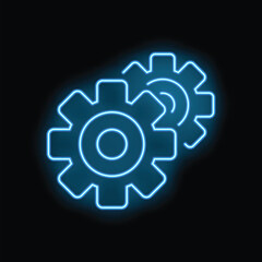 Obraz premium Two neon blue gears are rotating on a black background