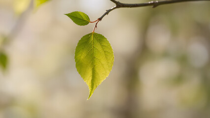 A fresh green leaf falling  from a branch, photograph