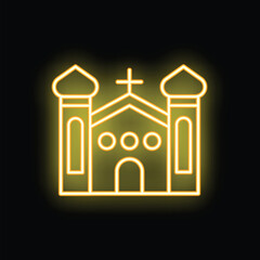 Neon sign depicting a church glowing yellow on a dark background