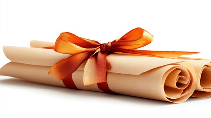 Scrolled parchment papers tied with an orange ribbon, white isolate background.