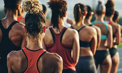 Group of diverse athletes preparing to run, seen from behind - Powered by Adobe