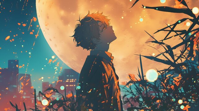 Anime boy gazing up at the moon, framed by the colorful lights of a nighttime cityscape, conveying a sense of wonder