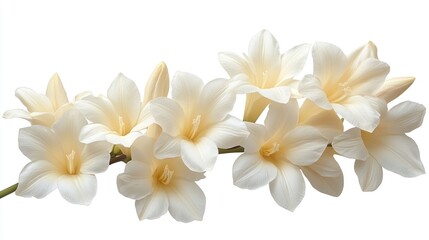 Creamy white freesia blossoms on a branch, isolated on white.