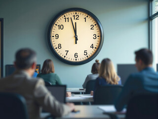 Students and businesspeople attending meeting with clock at twelve