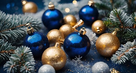 Festive blue and gold Christmas decorations set against a deep blue background, showcasing a joyful holiday spirit. 